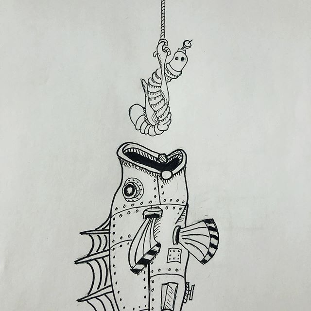 MortenDesignCo's tweet photo. I’m starting to look forward to doing my daily #Inktober drawing. Here is Day 3 - Bait.
#inktober2019 #meiningerartsupply #denverdesigner #art #arvadaco #ink #robots #fishy #drawing https://t.co/OO8DtT8Abt