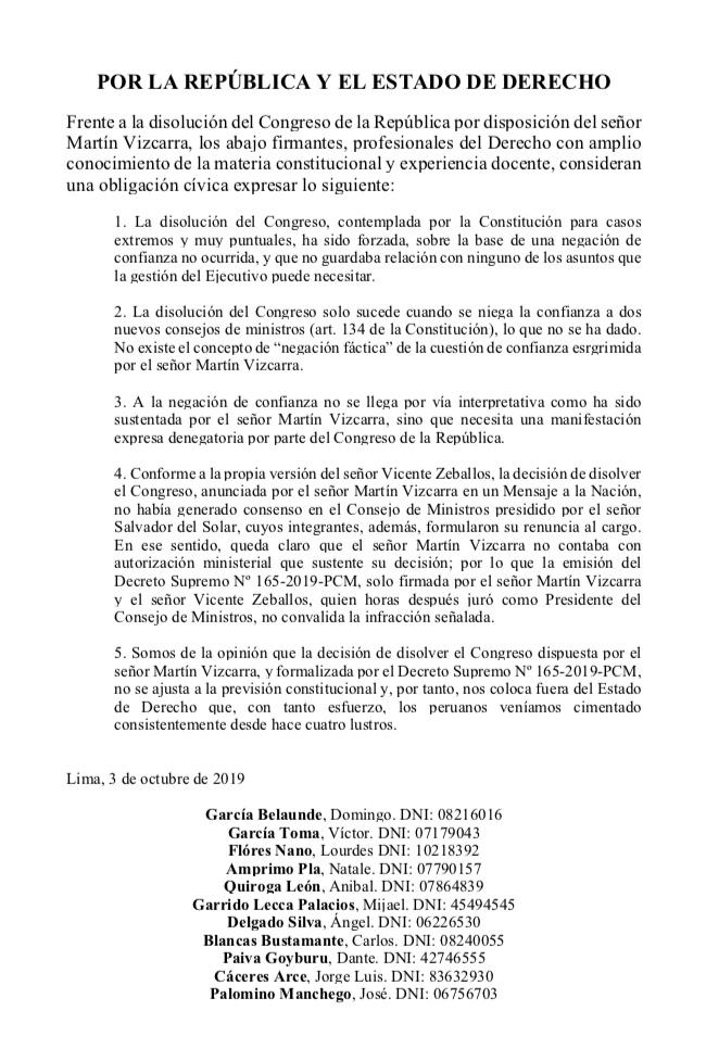 Comparto pronunciamiento de especialistas en Derecho Constitucional sobre la medida inconstitucional de disolución del Congreso de la República.