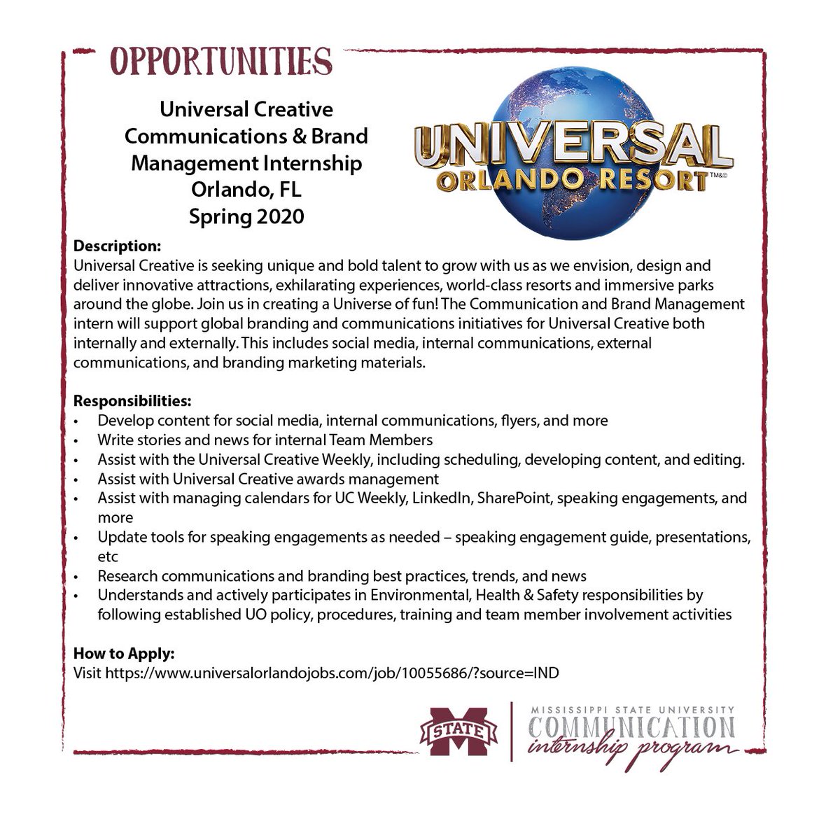 MSUCommIntern's tweet image. @UniversalORL is looking for a Communications &amp;amp; Brand Management intern! See if you qualify and apply today! 🌏 #universal #universalcreative #universalorlandoresort #internship