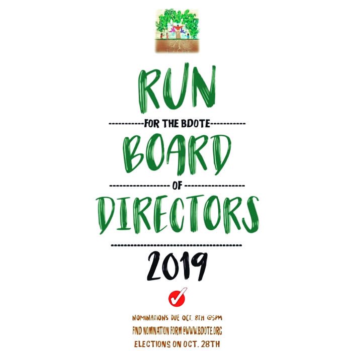 bdoteschool's tweet image. Just a reminder we have 3 seats open on our Board of Directors! Apply or nominate by Oct. 8th! #runforboard #seatsopen
