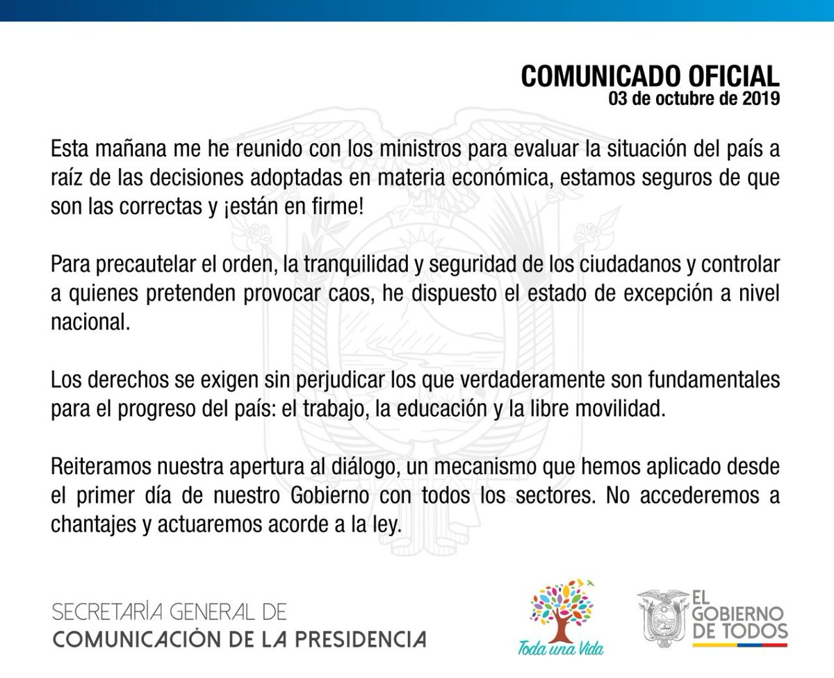 sucrenoticiasec's tweet photo. #URGENTE: #PresidenteEC, @Lenin Moreno, dispone el Estado de Excepción en todo el #Ecuador 👇 https://t.co/lFuDanbVNV