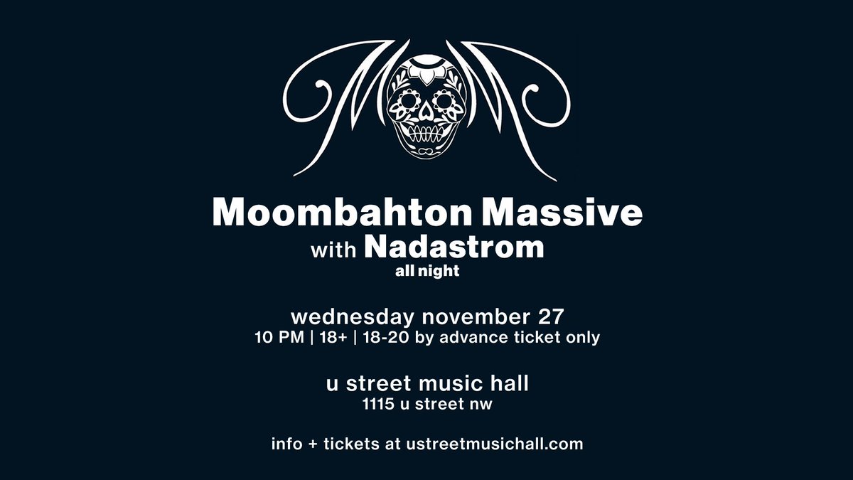 JUST ANNOUNCED

#MoombahtonMassive Thanksgiving Eve
with <a href="/NADASTROM/">NADASTROM</a> all night!

Tickets on sale now.

📅: November 27
🎟: bit.ly/MMTHANKSGIVING
RSVP: facebook.com/events/9674467…