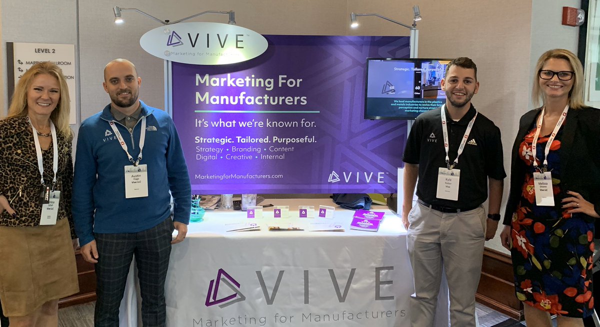 Vive4Mfg's tweet photo. The Vive Team is excited to talk to companies about new ways to market themselves at the 2019 @MAPP_plastics Benchmarking Conference! #BenchCon19 #MarketingForManufacturers #FeelinTheVive https://t.co/4AIoBsBQUy
