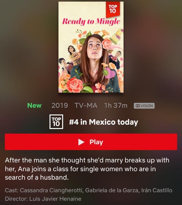 #Solteras es #Top10✨ de películas mexicanas en #Netflix. 👏🏻👏🏻
¿Ya la vieron?
 💒💍
🎬 Una película de <a href="/ljhenaine/">Luis Javier H</a> 
<a href="/solteraspeli/">Solteras</a>, @casciangherotti, <a href="/sophiealexkatz/">Sophie AlexanderKatz</a>, <a href="/IranCastilloCom/">Iran Castillo</a>, <a href="/Cabrermariana/">Mariana Cabrera</a> 💕