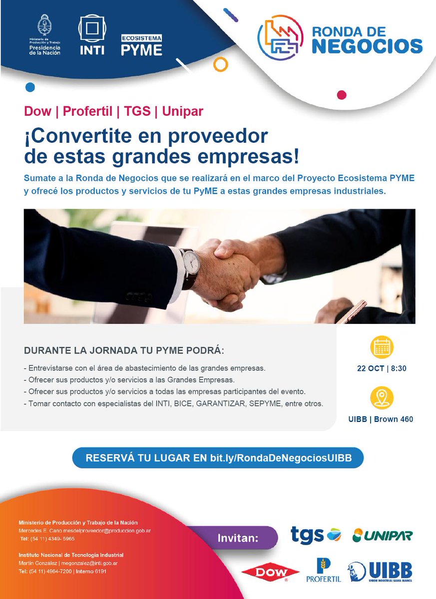 UIBBindustria's tweet photo. ¡Tu #PYME puede ser proveedora de estas grandes empresas!
Convocan: @PRODUCCION_ARG, @TGS_energia, @DowBahiaBlanca, @ProfertilSA, la @UIBBindustria y el @INTIargentina.

📆 22/10 
⏰ 8:30 horas
🏦 UIBB, Brown 460, Bahía Blanca

Reservá tu lugar en https://t.co/PVdKBzLk2i https://t.co/1JP6thUZHz