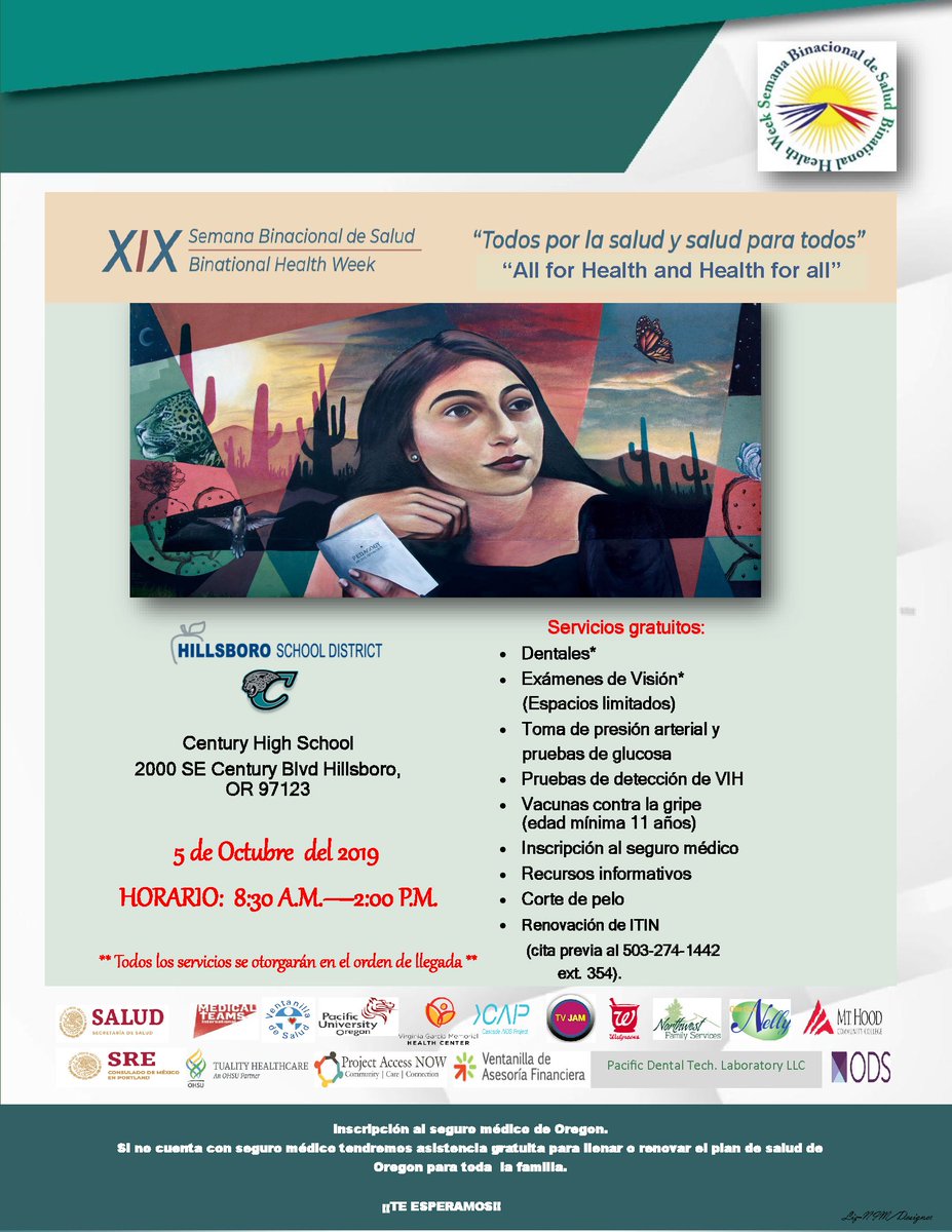 ConsulMexPot's tweet photo. ¿Necesitas información de los seguros médicos existentes en el Estado de Oregon? Acompáñanos a la Semana Binacional de Salud en Century High School #todosporlasaludysaludparatodos #MesdelaSalud2019 #SBSXIX https://t.co/nAW8YyoXad