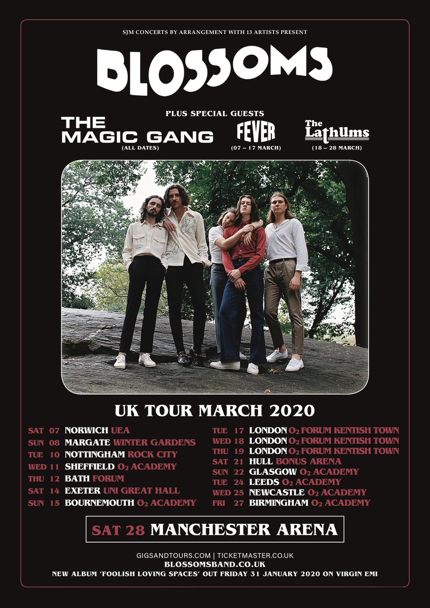 BlossomsBand's tweet photo. Our UK tour includes our first ever headline show @ManchesterArena + three nights at London @O2ForumKTown.@_TheMagicGang support on all dates+@FEVERBANDUK 7th-17th &amp; @TheLathums 18th-28th.Pre-order the new album from https://t.co/Pa09C7FAO7 by 4pm Monday to access ticket pre-sale https://t.co/RlyuSccZQC