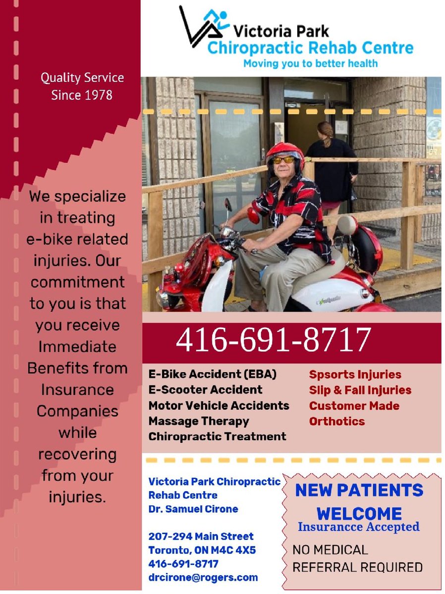 294MainSt's tweet image. We are here to help you with all of your E-bike accident needs! Call us today with any of your concerns.

#chiropractic #toronto #ebike #ebikesafety #massage #massagetherapy #motorvehicleaccident