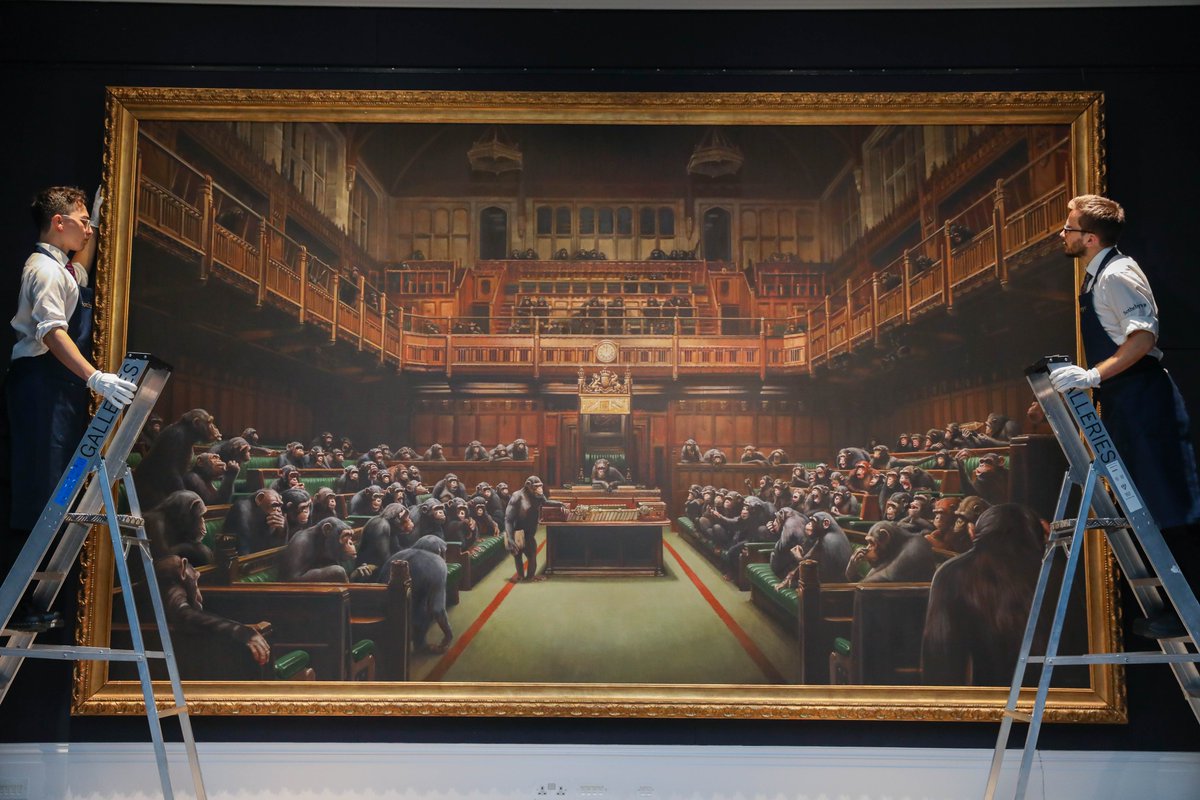 #AuctionUpdate Monkey Business 🐒🍌: #Banksy’s monumental painting of the House of Commons overrun with parliamentary primates sells to applause at £9,879,500 - 9 times its previous record - after a 13 minute bidding battle.