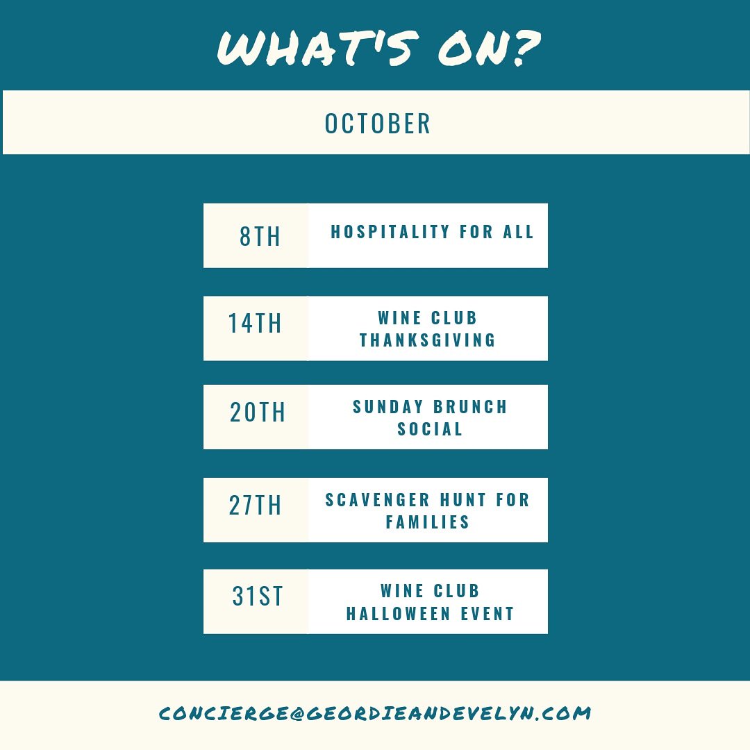 What's on in October? 
#hospitalityforall #wineclub #thanksgiving #brunch #scavengerhunt #halloween #toronto