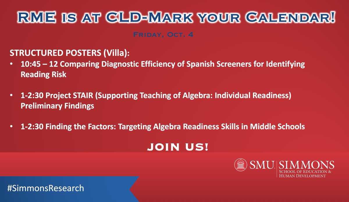 RME_SMU's tweet image. Are you at CLD in San Antonio? Visit our poster sessions Friday in the Villa! @smusimmons @EricaLembke @sarahpowellphd @KetterlinGeller #projectstair