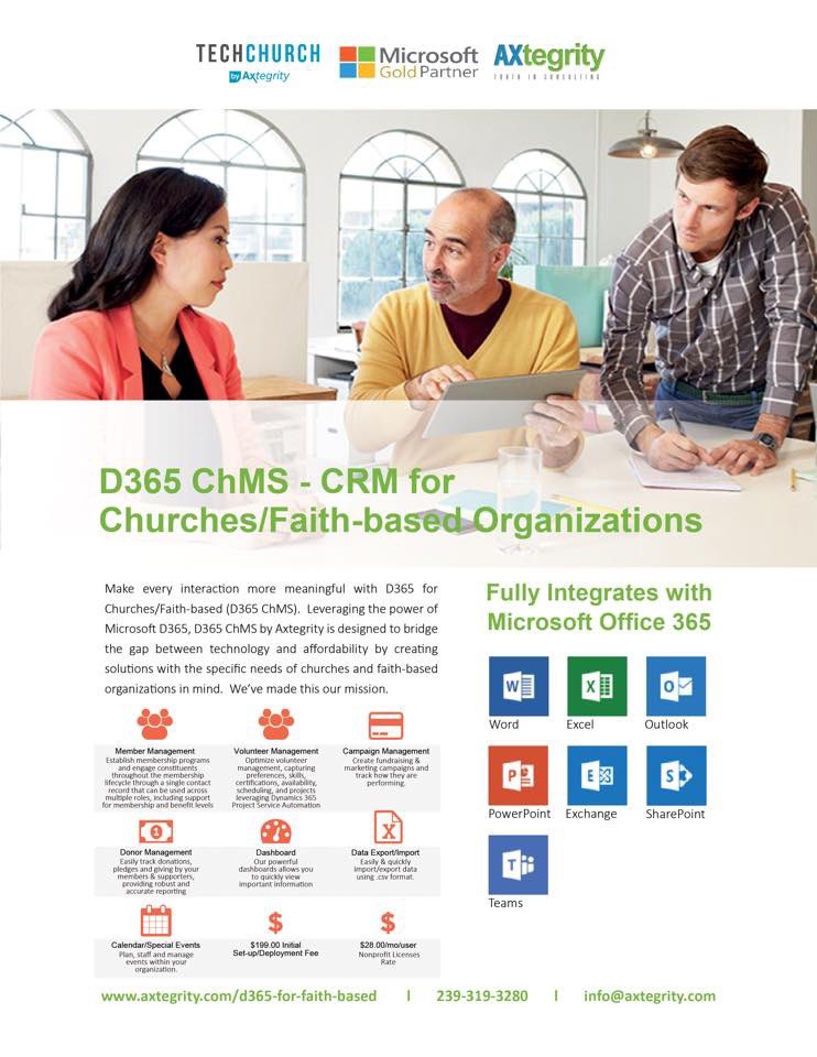 Axtegrity's tweet image. Need a tool to help your ministry grow to its fullest potential?
Church or Faith-based Organizations, check out our D365 ChMS solution.
For info about solution: axtegrity.com/d365-for-faith… 
Learn more at our free summit, REGISTER at axtegrity.com/summit#letsbui… #axtegrity #ChMS