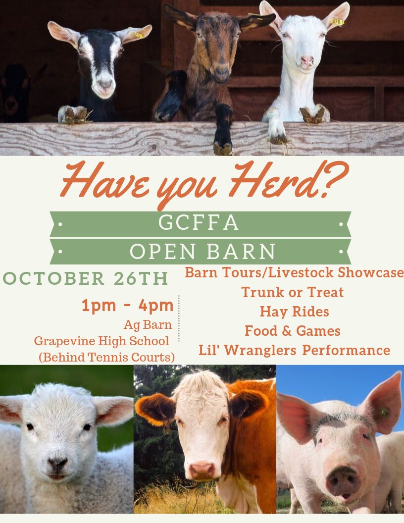 Coming up on October 26 we will be holding our annual open barn! You will be able to learn all about FFA and participate in fun activities. We can’t wait to see y’all there!