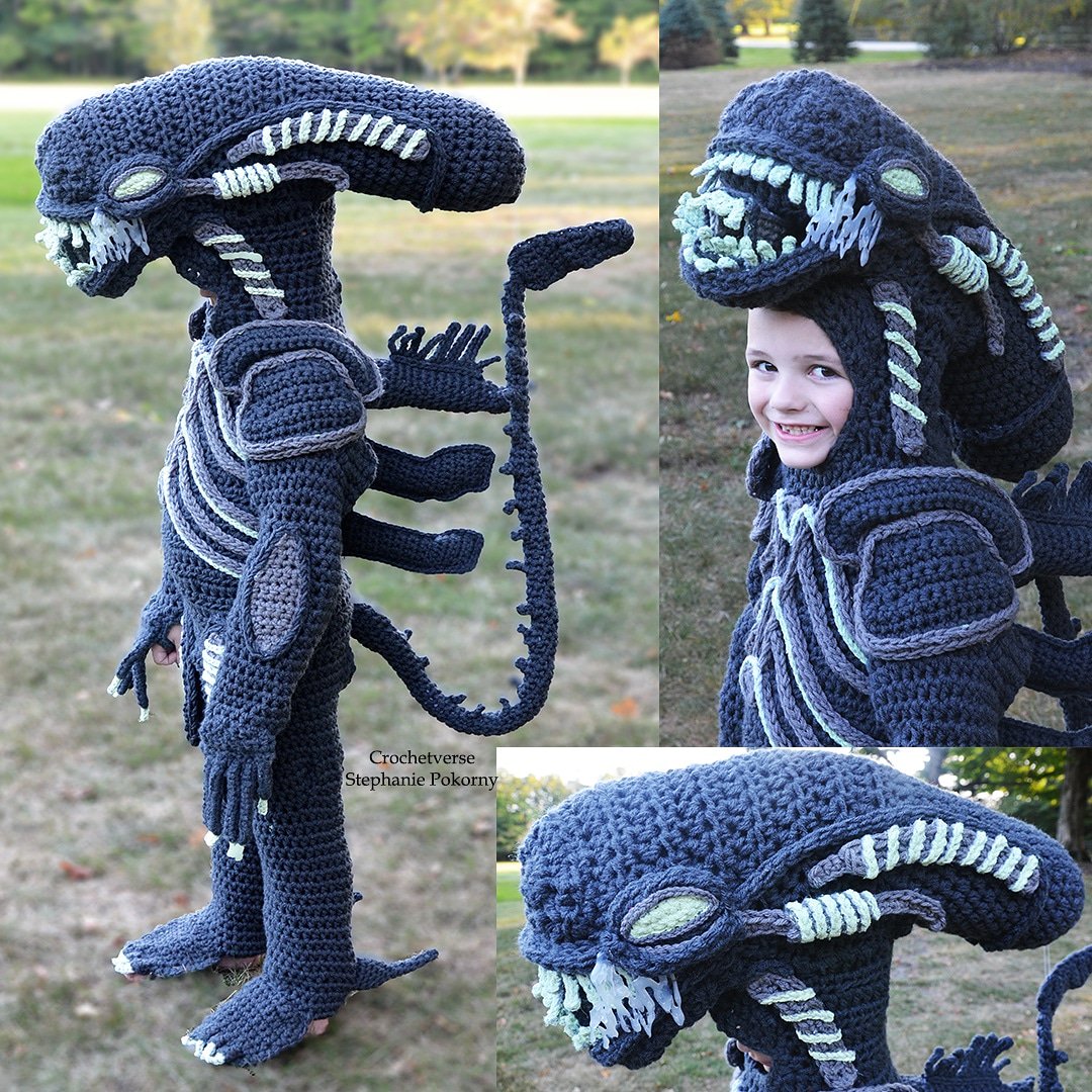 It happened! XENOMORPH ALIEN! Fully freehand #crochet, no pattern! He glows in the dark too!! #Alien #xenomorph #alienvspredator #cosplay #Halloween #costume