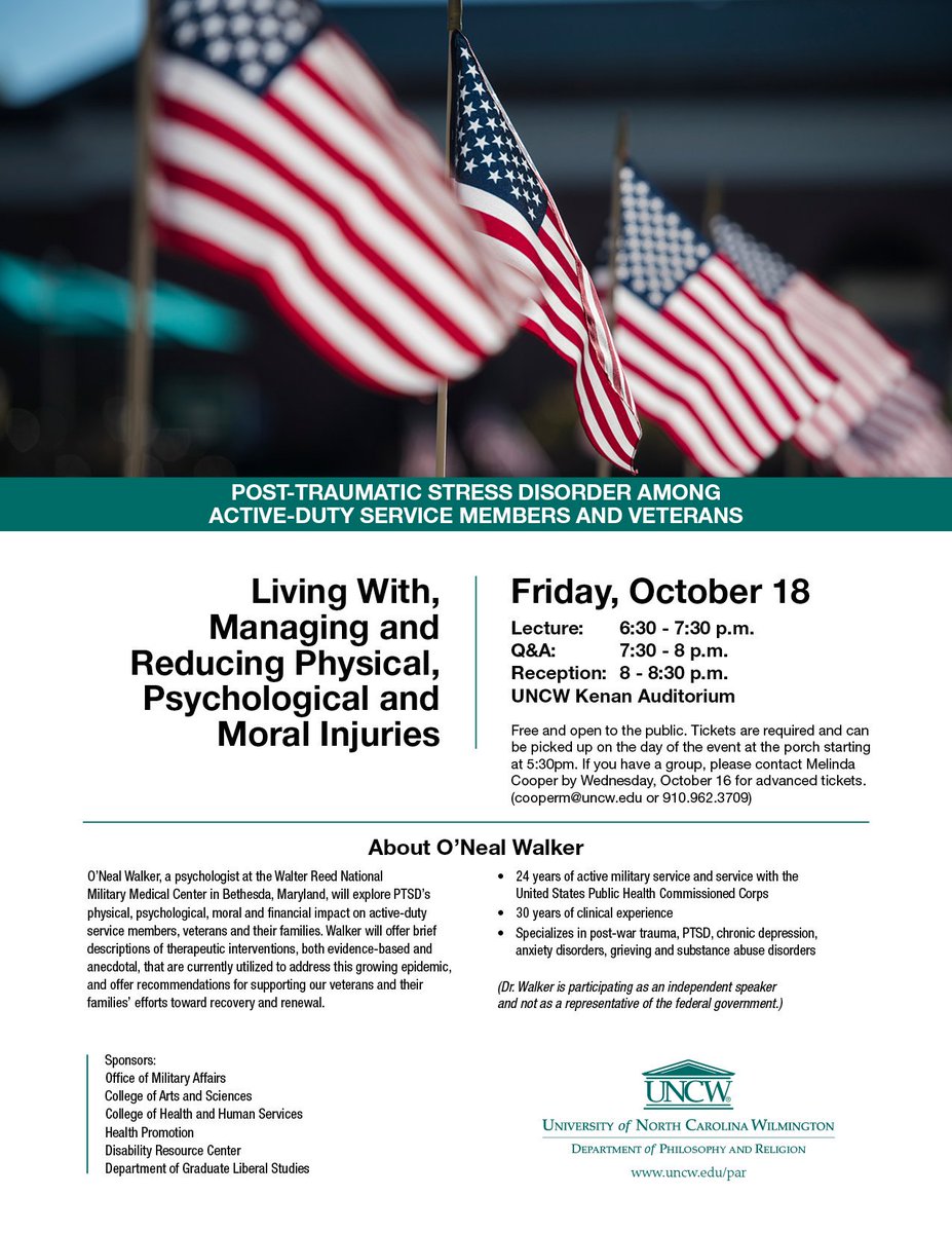 Free lecture on the impacts of Posttraumatic Stress Disorder on active service members, veterans, and families, as well as recommendations for support and recovery.  Q&A and reception to follow lecture.

#ActiveMilitary #Veterans #Families #Support #Recovery #Renewal #UNCW