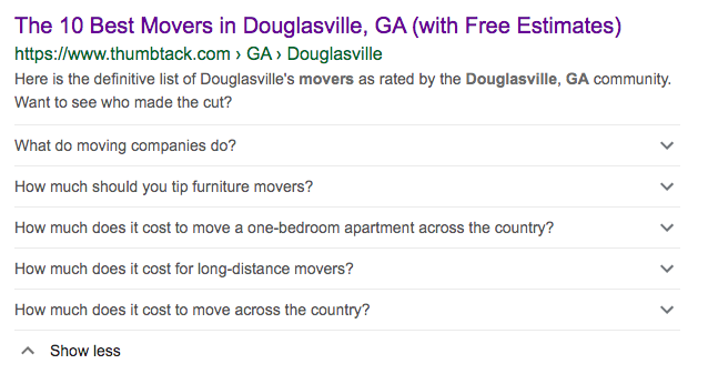 First time seeing these - has Google previously tested content accordions below meta descriptions? This is organic position #5 for a commercial mover search.  

<a href="/rustybrick/">Barry Schwartz</a>