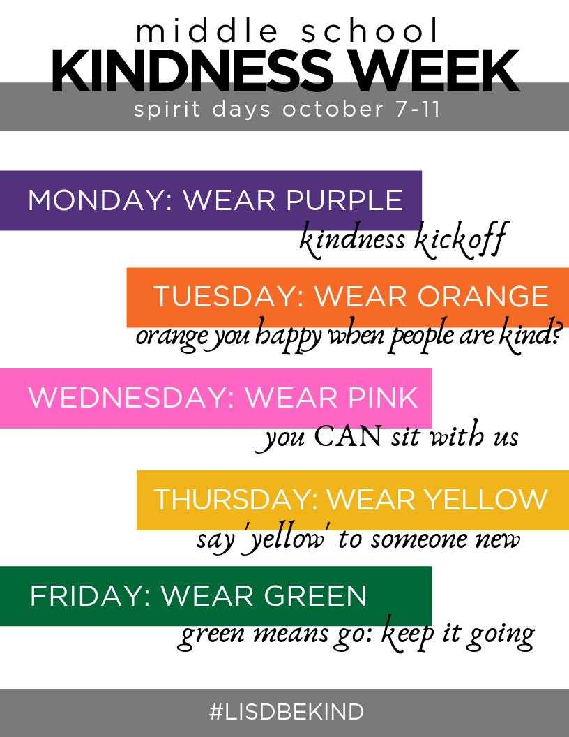 REMINDER: <a href="/LewisvilleISD/">Lewisville ISD</a> Middle School Kindness Week is set for Oct. 7-11. #LISDBEKIND 💜🧡💗💛💚

Details ⬇️