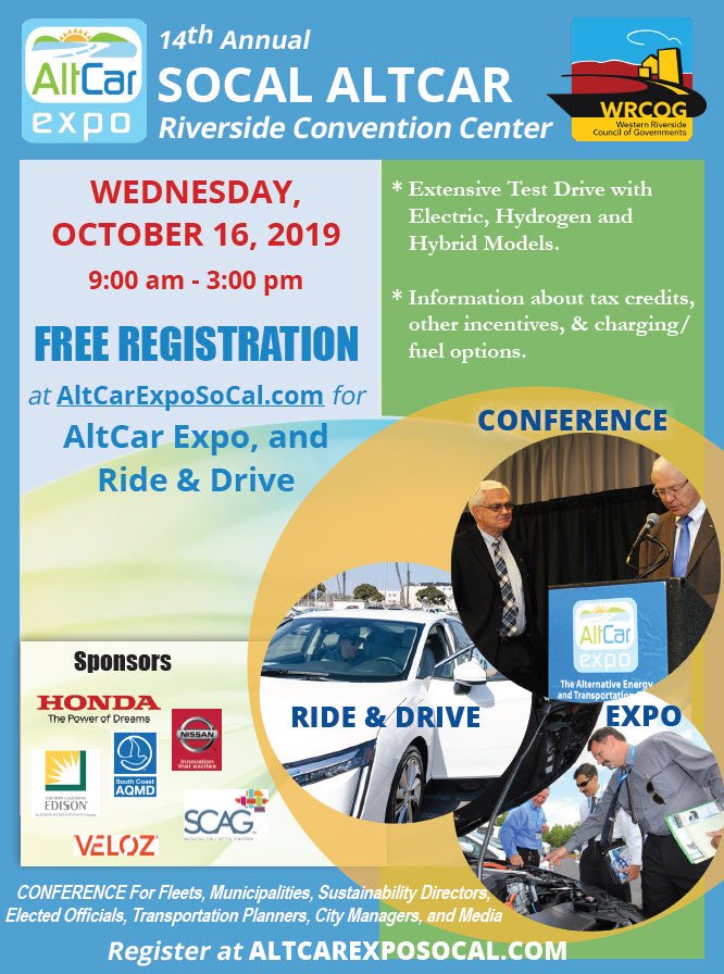 Join us for the #SoCal AltCar Expo. &amp; Ride &amp; Drive.
When: Oct. 16, 9 am-3 pm
Where: #Riverside Convention Center
Register: altcarexposocal.com 

<a href="/WRCOG/">WRCOG</a> <a href="/SCAGnews/">Southern California Association of Governments</a> <a href="/SCE/">SCE</a> <a href="/SouthCoastAQMD/">South Coast AQMD</a> <a href="/NissanElectric/">Nissan Electric</a> <a href="/Honda/">Honda</a> <a href="/LetsVeloz/">Veloz</a> <a href="/UCRiverside/">UC Riverside</a>