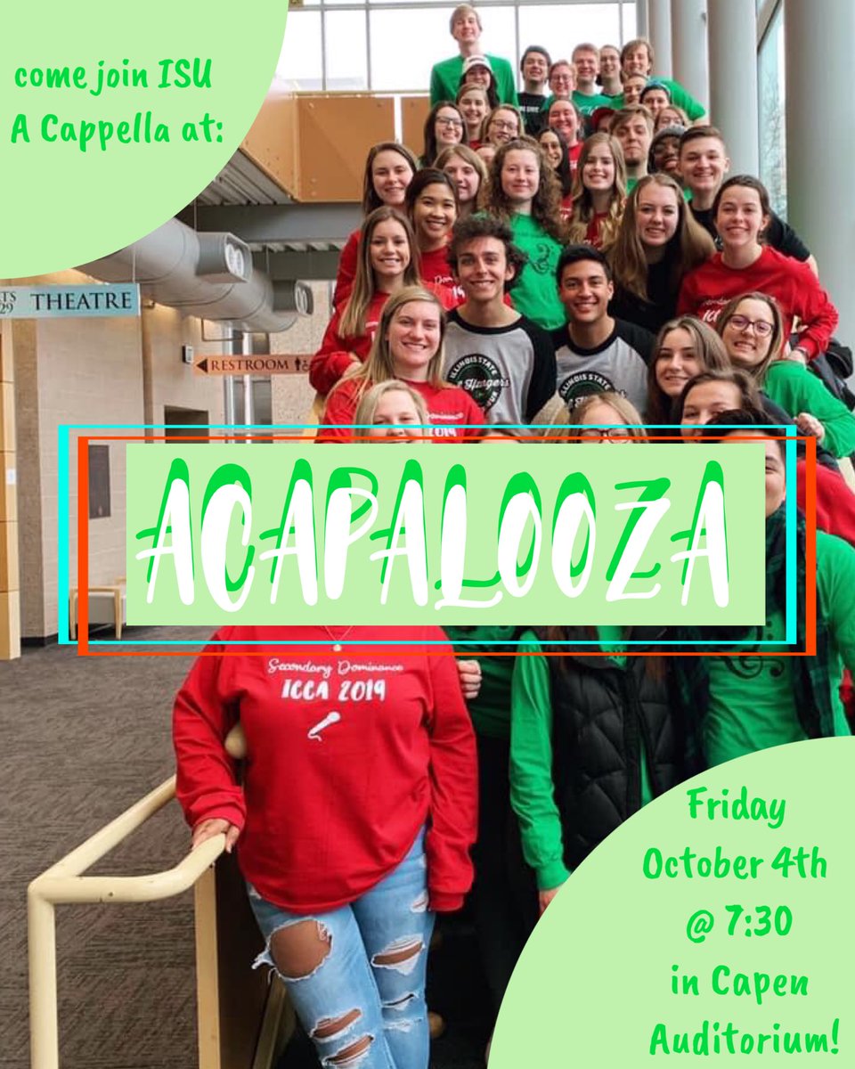 Get excited because Acapalooza is less than a week away!! Come help the ISU A Capella community celebrate this Friday October 4th at 7:30 pm in Capen Auditorium! We can’t wait to see you there!