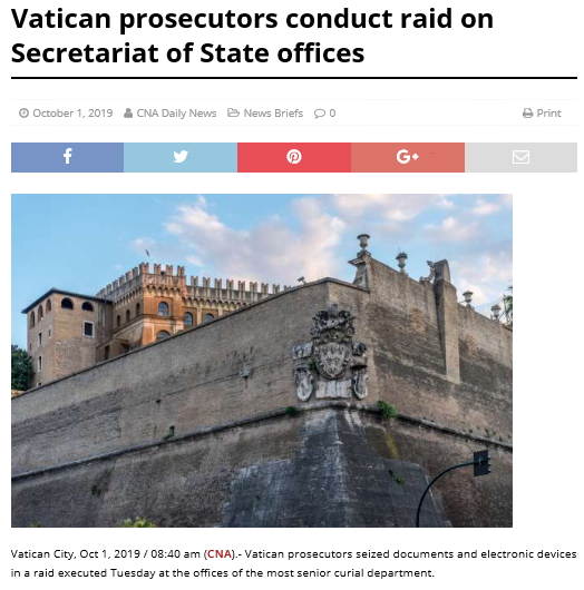 Vatican police raided the offices of the Holy See’s Secretariat of State and its Financial Information Authority, or AIF, on Tuesday and took away documents and electronic devices as part of an investigation of suspected financial irregularities.