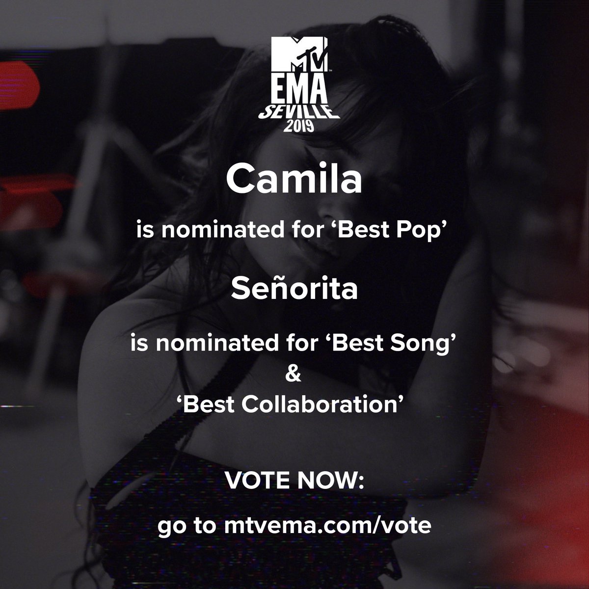 CamilaAccess's tweet photo. .@Camila_Cabello is nominated for 'Best Pop' and Señorita is nominated for 'Best Song' and 'Best Collaboration' at this year's @mtvema's! 🏆 you can vote here: 
https://t.co/MUvjWiVOPf 🏆 #MTVEMA ... LET'S GO!! 💪 https://t.co/Q7kw3NRw80
