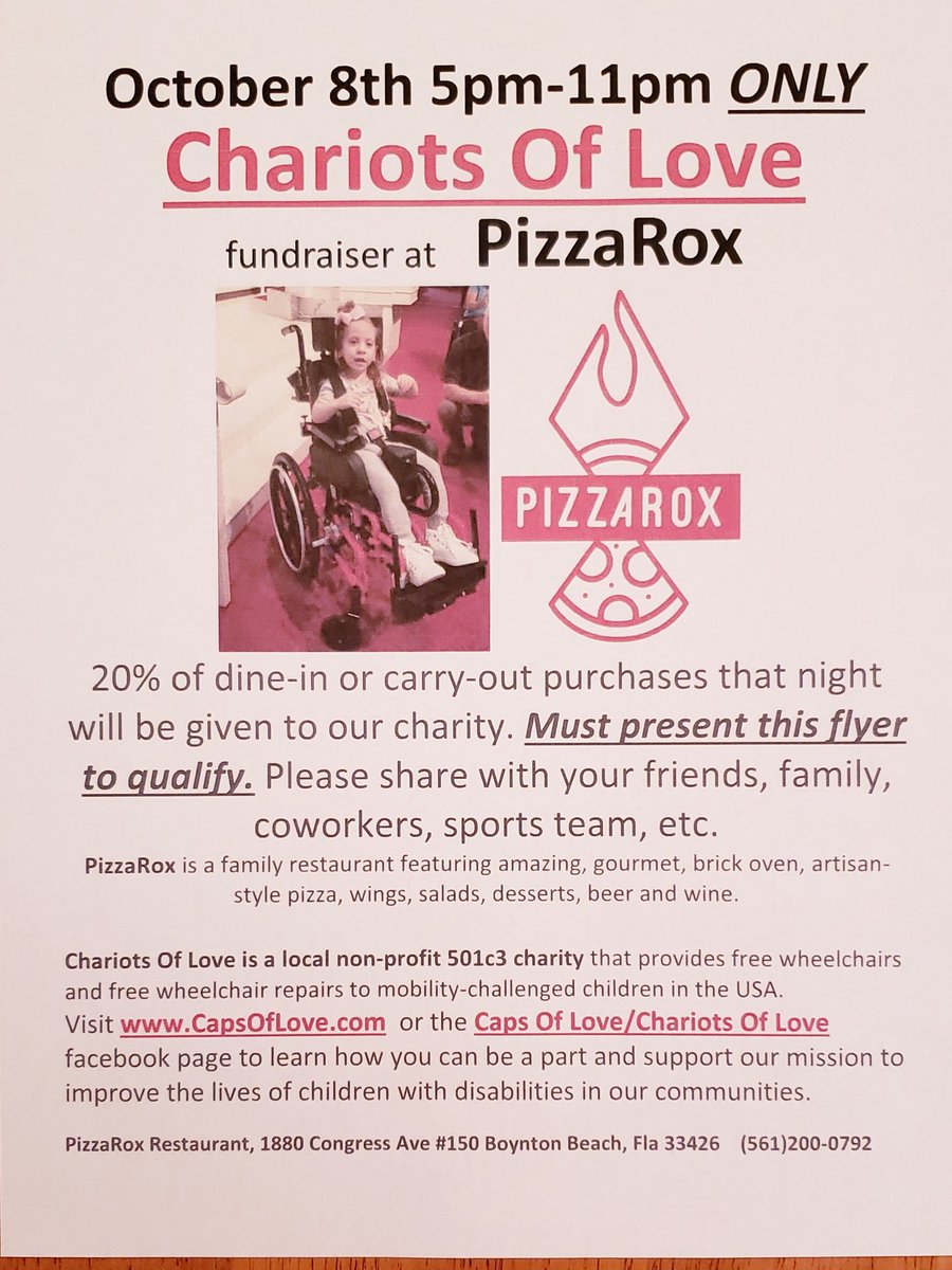 ValerieDMathie1's tweet photo. Pizza fundraiser to get funds for pediatric wheelchairs for mobility-challenged children in the USA #ChariotsOfLove #helpingHandicappedChildren #greatPizza #fundraiser #wheelchair #community #pizzaParty #pleaseshare https://t.co/EqLbc4ftax