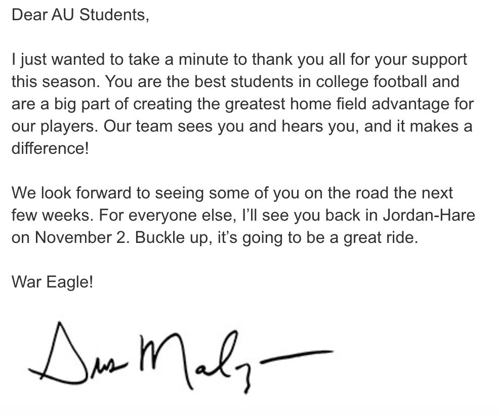 NathanKing247's tweet photo. Gus Malzahn just emailed every student at Auburn, thanking them for their support of the team this season: https://t.co/ecqXk79NwR