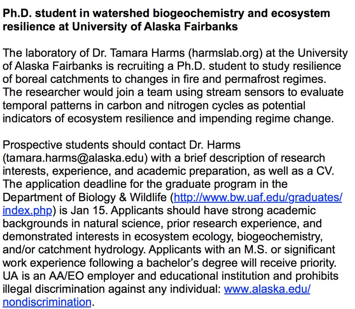 Recruiting a Ph.D. student to study resilience of boreal ecosystems to changing fire and permafrost regimes using catchment biogeochemistry <a href="/uafairbanks/">UA Fairbanks</a> <a href="/ArcticBiology/">Institute of Arctic Biology</a>