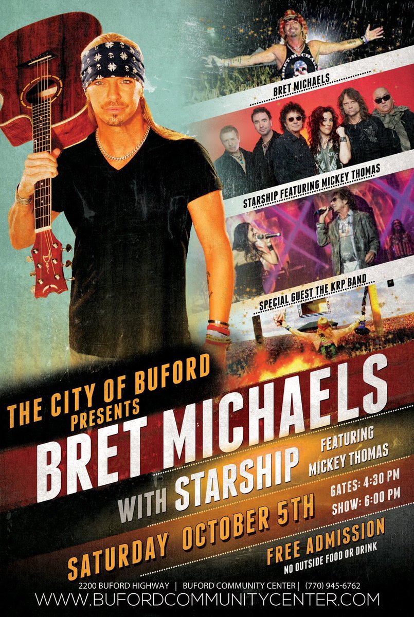 This Sat, 6pm.  Starship featuring Mickey Thomas and our headliner Bret Michaels!!