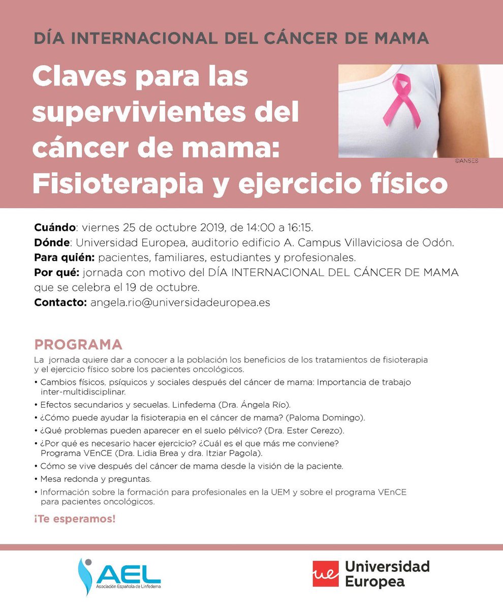 angela_rio_linf's tweet photo. Por el mes de la concienciación del #CancerdeMama hemos organizado una jornada el viernes 25 oct en la @UEuropea para dar a conocer a #pacientes y #profesionales que puede hacer la #fisioterapia y el #ejercicio para mejorar la calidad de vida de los supervivientes. #fisioonco 🔑 https://t.co/MR5tHvrWOZ