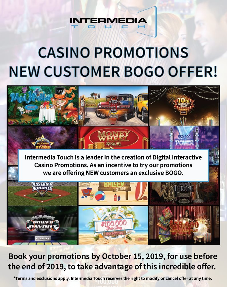 intermediatouch's tweet photo. Our BOGO offer has been extended until October 15 2019! Contact us today to book your casino promotions and save! #IntermediaTouch #TapIntoSomethingBig #DigitalSignage #PromotionSolutions #Casinos

To learn more visit: https://t.co/GHKFBbqjDV https://t.co/peNZ9foN2U