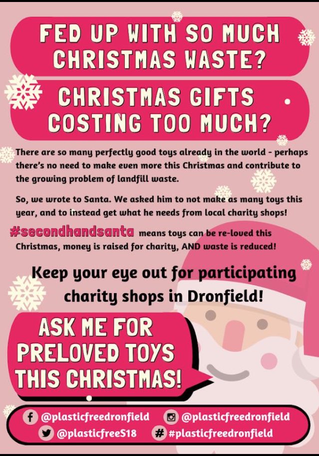 sustainableS18's tweet photo. #secondhandsanta
All four charity shops are going to help Dronfield residents find second hand Christmas presents & stocking fillers! Look out for our posters up in shops over the coming weeks & months.
@SAS
@sascampaigns
#plasticfreecommunities
#plasticfreedronfield https://t.co/B3GL1vdtob
