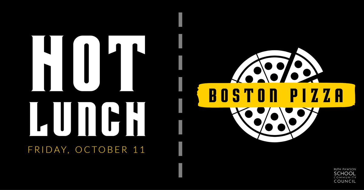 Reminder... our first hot lunch for the year is next week! Please get your orders in by Friday, October 4. healthyhunger.ca

<a href="/pawsonschool/">Ruth Pawson School</a> 
#healthyhunger #hotlunch #bostonpizza