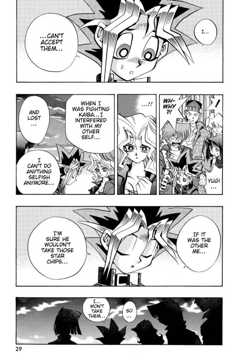 Yugi’s inferiority complex towards his other self makes him feel like a lesser person, which is why its so important that he has both Mai repaying her debt to validate his kindness and friends like Joey to validate his feelings and what he wants.