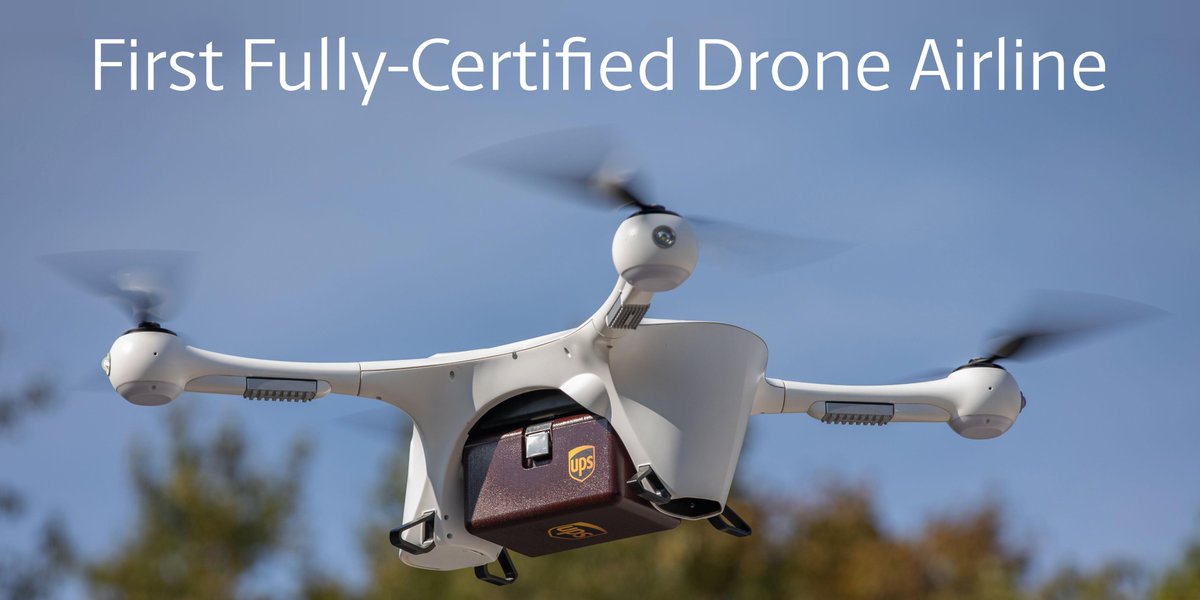 hill_deryl's tweet photo. I’m excited to share UPS is the 1st fully-certified drone airline in the U.S.! UPS Flight Forward has received FAA Part 135 Standard certification &amp; we're transforming the industry with our expanded drone delivery network.  https://t.co/SGBbHCVcA6
#UPSdrones #aviation #logistics https://t.co/u1JC9Xq9LJ