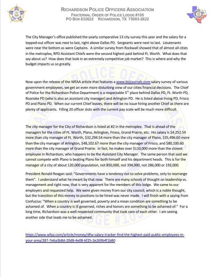 RichardsonFOP's tweet photo. RIchardson POA President Willadsen’s Statement regarding the WFAA  article “Find the Highest-Paid Public Employees in Your Area” https://t.co/nZvmpceOvy