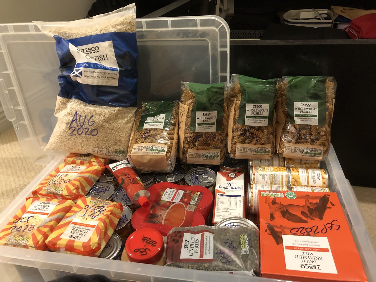 JudgeTread's tweet photo. Brexit Box MkII (we ate through the last one after the extension). All labeled, dated and kept track of in a spreadsheet. Loosely based on @BootstrapCook’s list, supplemented with our own staples (+ usual storecupbaord items). #BrexitPrep #NoDealBrexit #Remain #ActuallyAutistic https://t.co/EUUJRrKwmP
