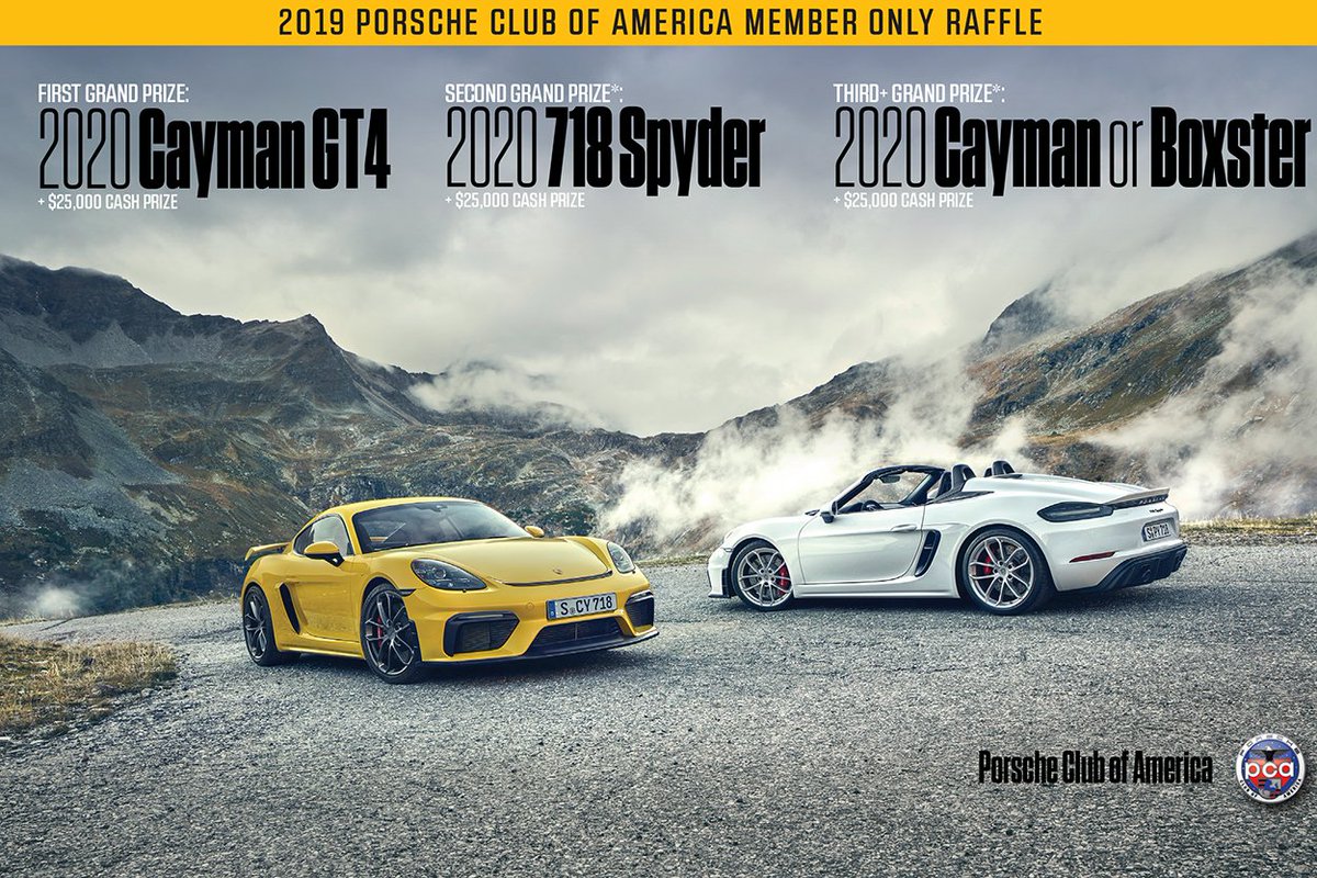 PCANational's tweet photo. Enter the Fall 2019 Member Only Raffle for a chance to win a #Porsche 718 Cayman GT4, Spyder, or Cayman/Boxster: https://t.co/0mN1ggJ2XC #PCANational https://t.co/hOqnl4aofo