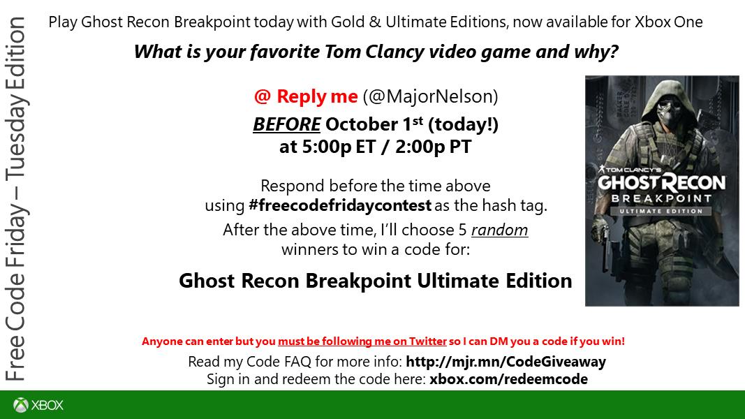 Larry Hryb On Twitter Freecodefridaycontest Time Read This And You Could Win A Code For Ghostrecon Breakpoint Ultimate Edition On Xbox One Good Luck Https T Co Ka6urqcyys