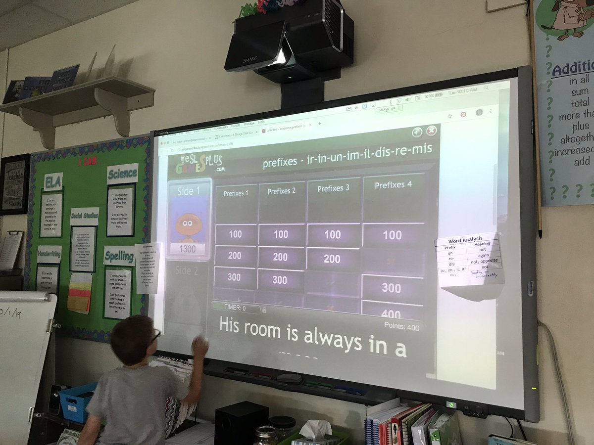 JoAnnLiffner's tweet photo. Reinforcing our knowledge of prefixes with a little “Jeopardy” game! #scsforward #thirdgraderocks  #FunInELA https://t.co/rqMoa0GBjm
