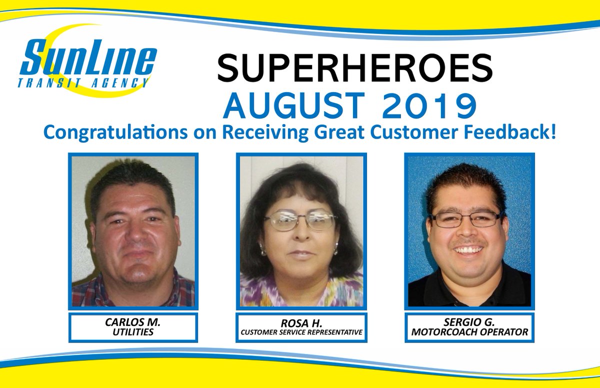 SunlineTransit's tweet image. The rise of Superheroes and their impact make a huge difference in SunLine's daily operations. SunLine wants to recognize these August 2019 Superheroes - Carlos, Rosa &amp;amp; Sergio for their excellence in customer service! You're the BEST! Great Job! #SunLineTransit #Superheroes