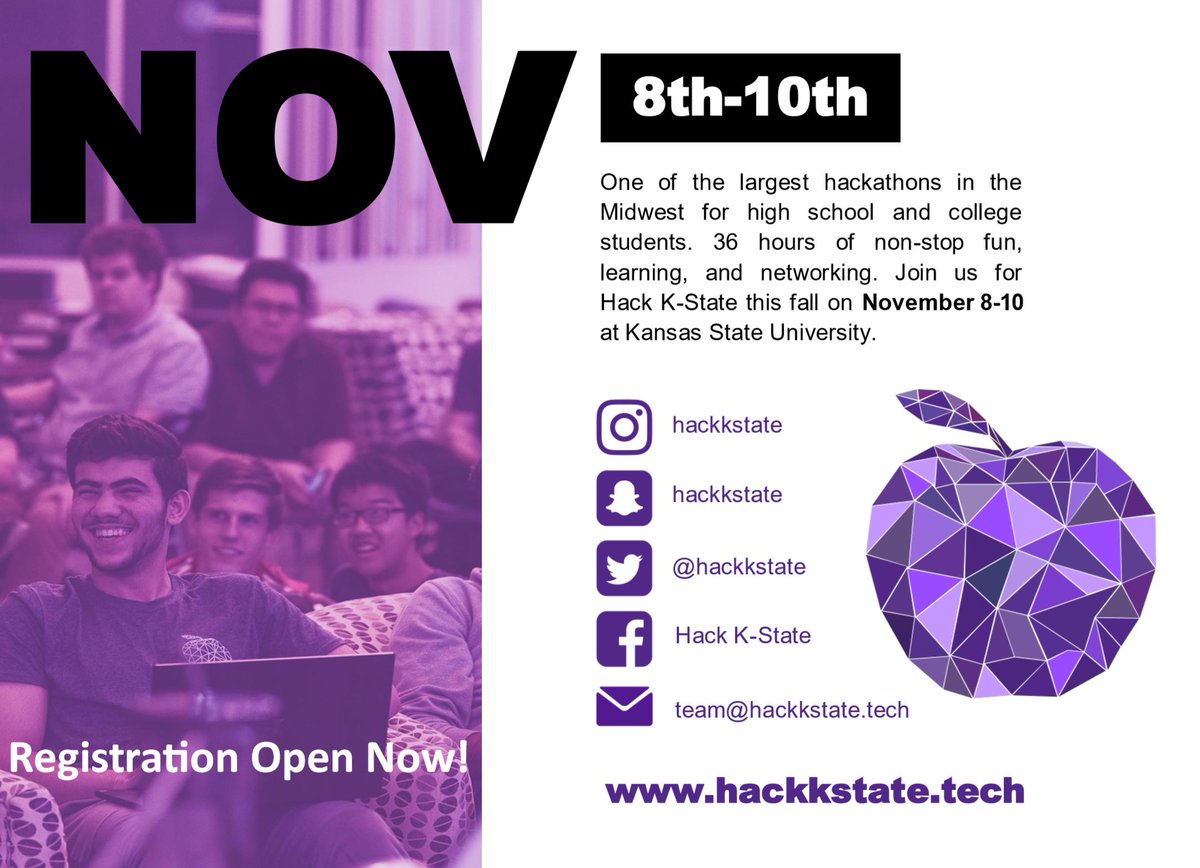 weeserj13's tweet image. Join us Nov. 8-10th in Manhattan,KS for Hack K-State, one of the largest high school/collegiate hackathons in the Midwest.  ALL high schools and collegiate level students are encouraged to register for FREE at hackkstate.tech. #MLHOffical #hackkstate