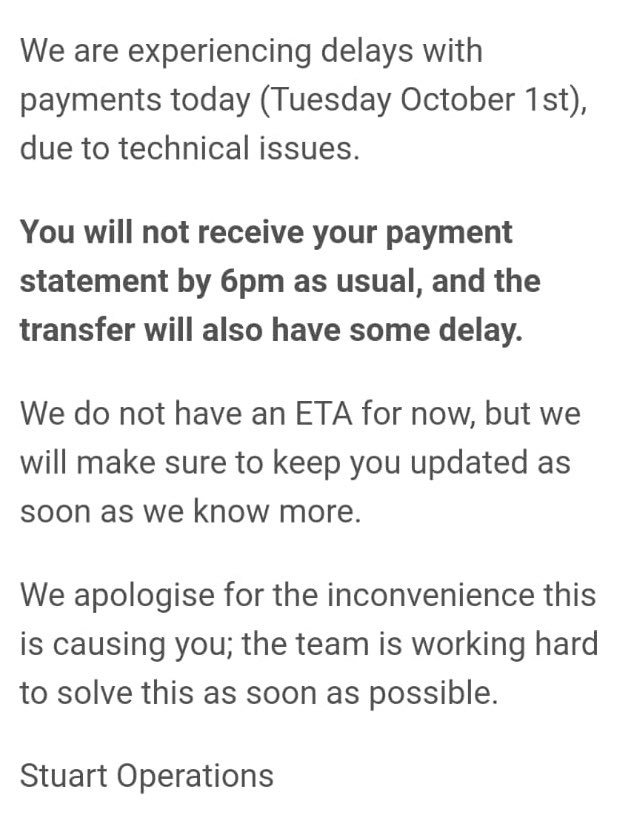 IWGB_CLB's tweet photo. You spend your week out in treacherous conditions, working hard for the pittance wages on offer so as to make ends meet...gets to pay day and SURPRISE SURPRISE @Stuart_Delivery have ANOTHER unexplained delay! π€¦π»ββοΈπ€¦π»ββοΈπ€¦π»ββοΈπ€¦π»ββοΈπ€¦π»ββοΈπ€¦π»ββοΈπ€¦π»ββοΈπ€¦π»ββοΈ
PAY YOUR WORKERS ON TIME
#ShameOnStu #PayWorkersNow https://t.co/xA7lLi9Acf