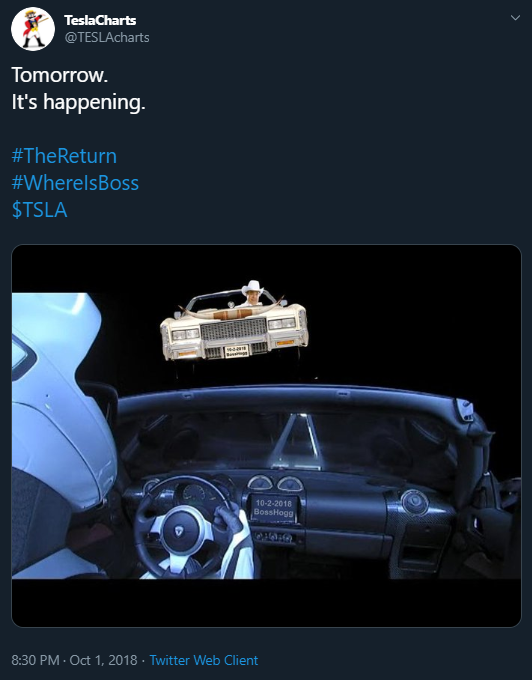 TeslaHistorian's tweet photo. THIS DAY IN $TSLAQ HISTORY:
Apparently one year ago @TESLAcharts was waiting for #TheReturn and asking #WhereIsBoss ? https://t.co/S3MR4wLvjC