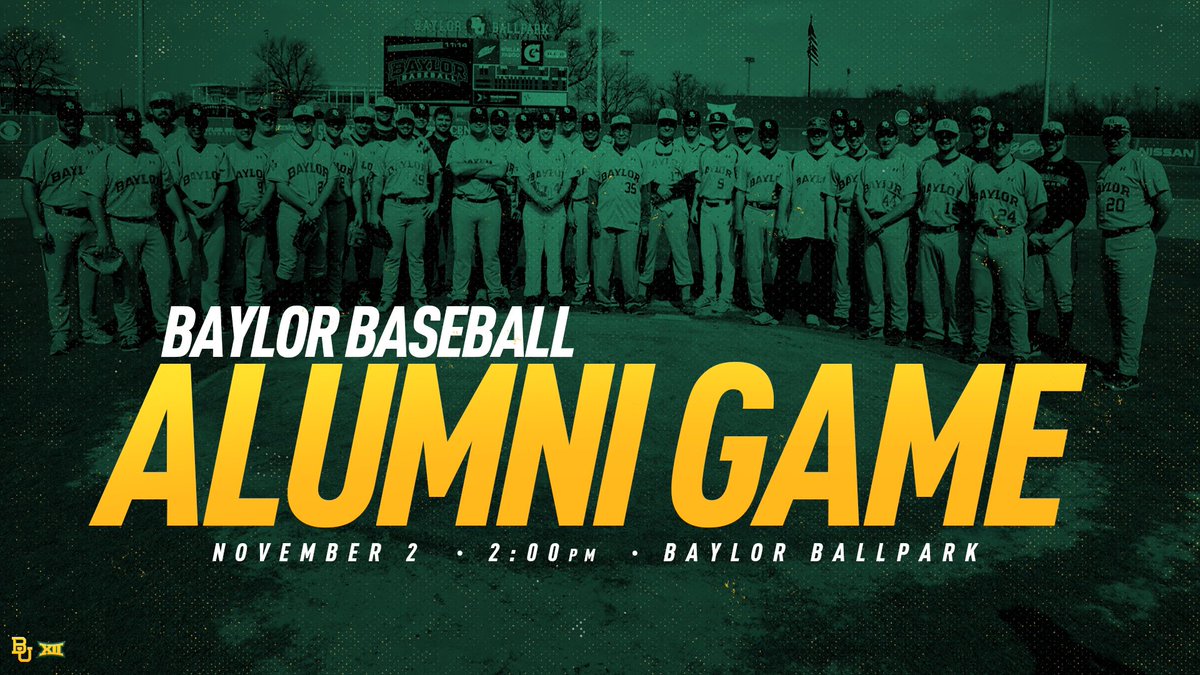 BaylorBaseball's tweet photo. 🗣 Calling all Baylor ⚾️ Alumni!
Make sure you’ve got your 🗓 set for the annual alumni game on Nov. 2!
>> https://t.co/CxunMVMa6r
#SicEm https://t.co/lKTvNyj6Dz