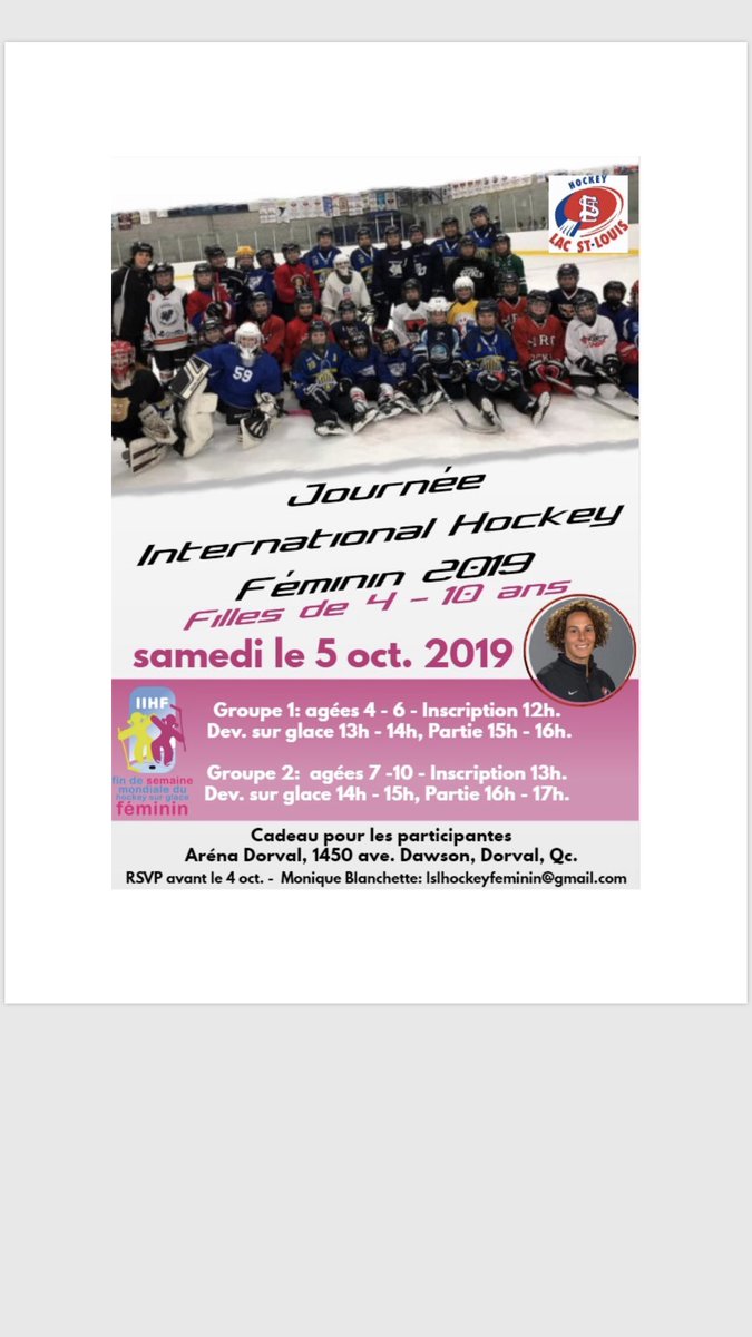 LSLGirls's tweet photo. Journée Internationale d’hockey Féminin est ce samedi le 5 octobre à l’arena de Dorval. Toutes les activités sont gratuites et il y a un cadeau pour toutes les participantes. Avisez vos amies! @LHEQ_hockey @hockeylstl #FSMHF https://t.co/HeZ3vmzGno