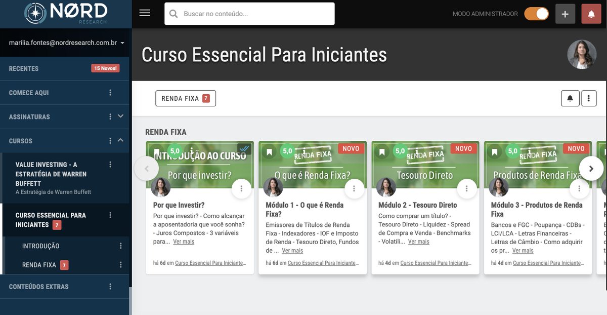 Pessoal, depois de muito refletir decidi fazer um curso COMPLETO sobre renda fixa para iniciantes, 100% GRATUITO!!! Estou realmente orgulhosa dele, e até agora só tivemos bons feedbacks. Para ter acesso, basta criar uma conta free no site da Nord > Área do Assinante > criar conta
