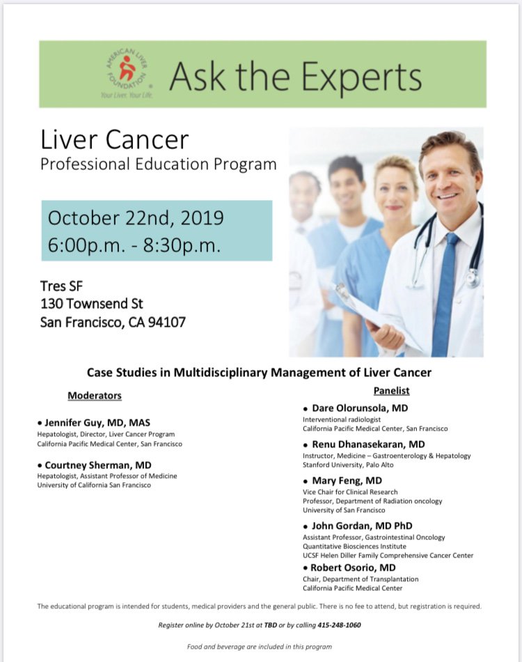 ALF_NorCal's tweet photo. Happy first day of #October! Mark your calendars for our next @liverUSA #AskTheExperts program on #livercancer. Dr. Jennifer Guy from @SutterHealth #CPMC and Dr. Courtney Sherman from @UCSF, along with other panelists from CPMC, UCSF and @StanfordMed, will offer their expertise. https://t.co/U3q8SKzPVR
