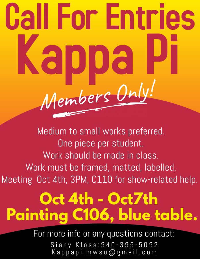 KappaPi_mwsu's tweet image. Submissions to the annual #kappapi #artshow open this Friday!
#msutexas #honorsociety #fineart