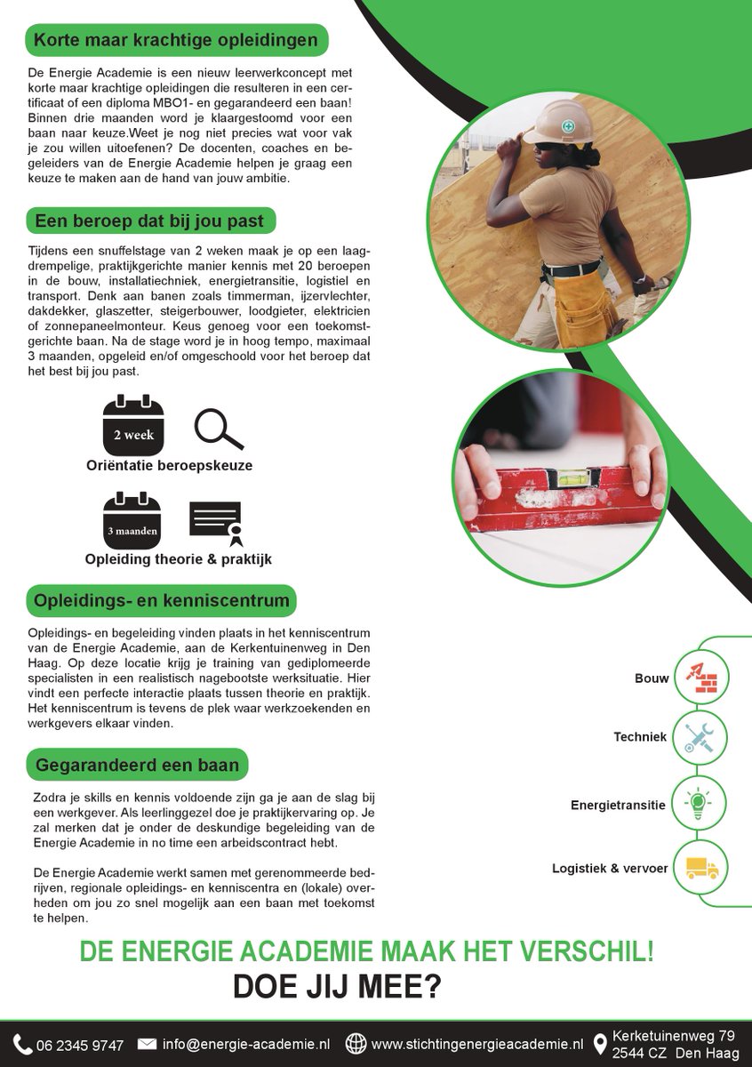 De snelste weg naar betaald werk!
Zoek jij een baan in de sector bouw &amp; techniek of energietransitie? De EA zoekt jou: schoolverlater, statushouder, zonder certificaat of diploma MBO, Starters of omscholers, met of zonder uitkering, jong en oud, alle leeftijden, man en vrouw.